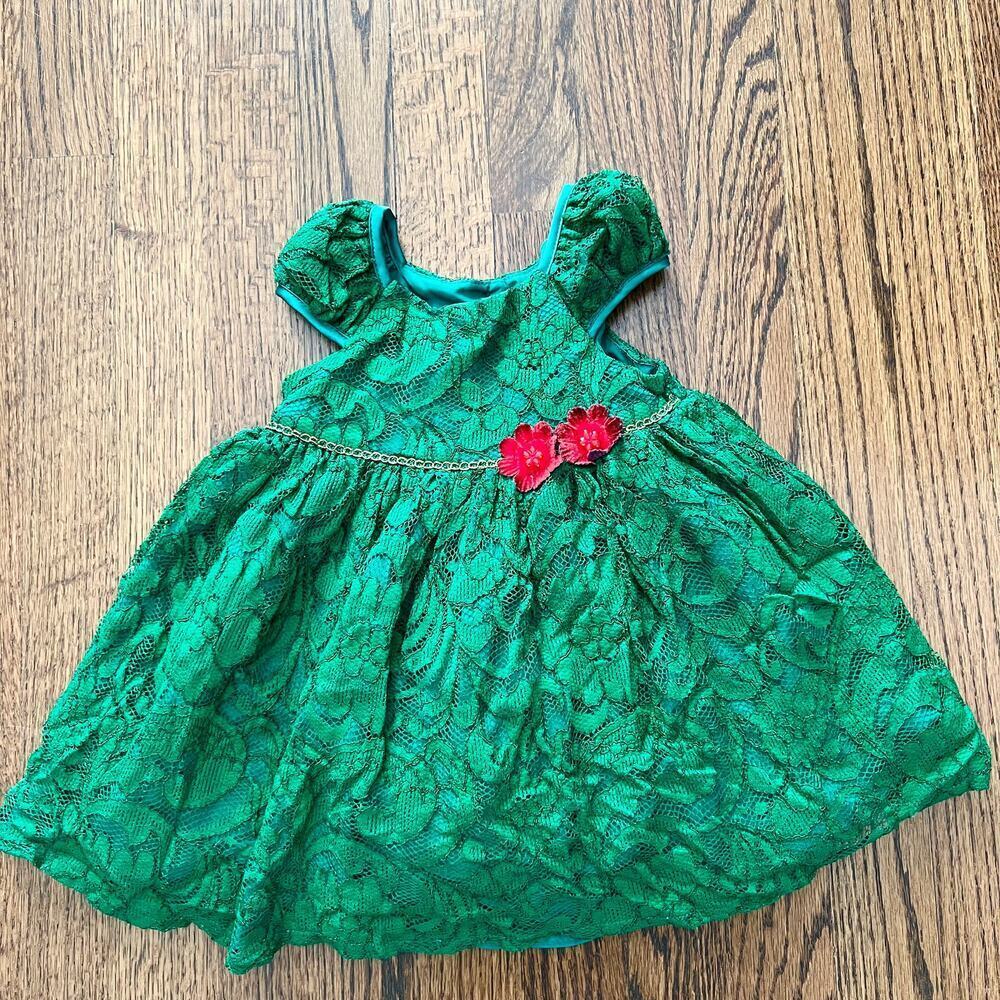Laura Ashley London Green Fancy Short Sleeve Christmas Holiday Dress - 18 months